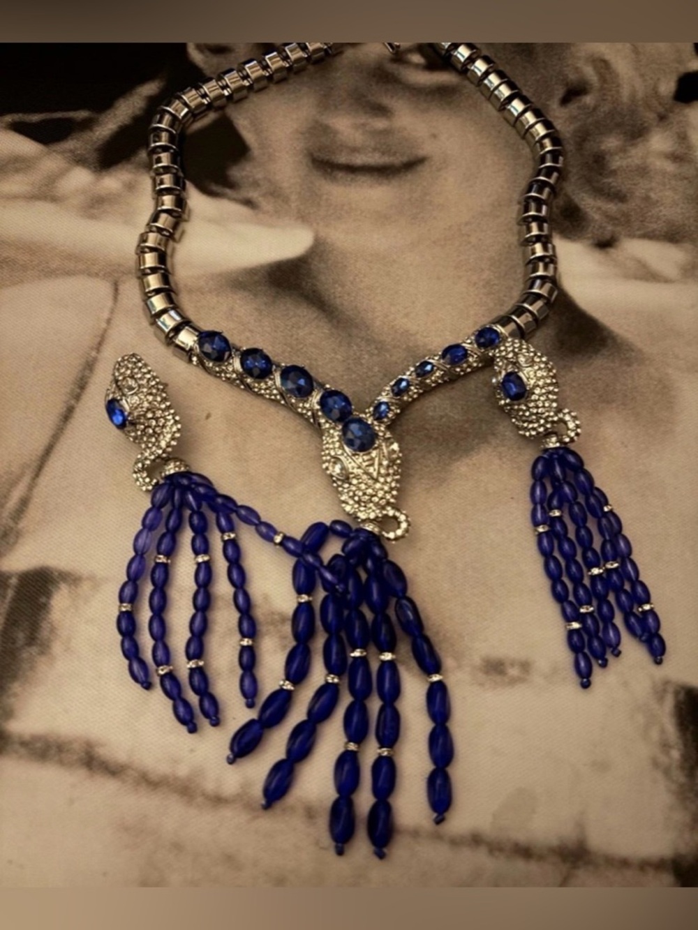 Blue Crystal Tassel Snake Necklace & Earrings Set